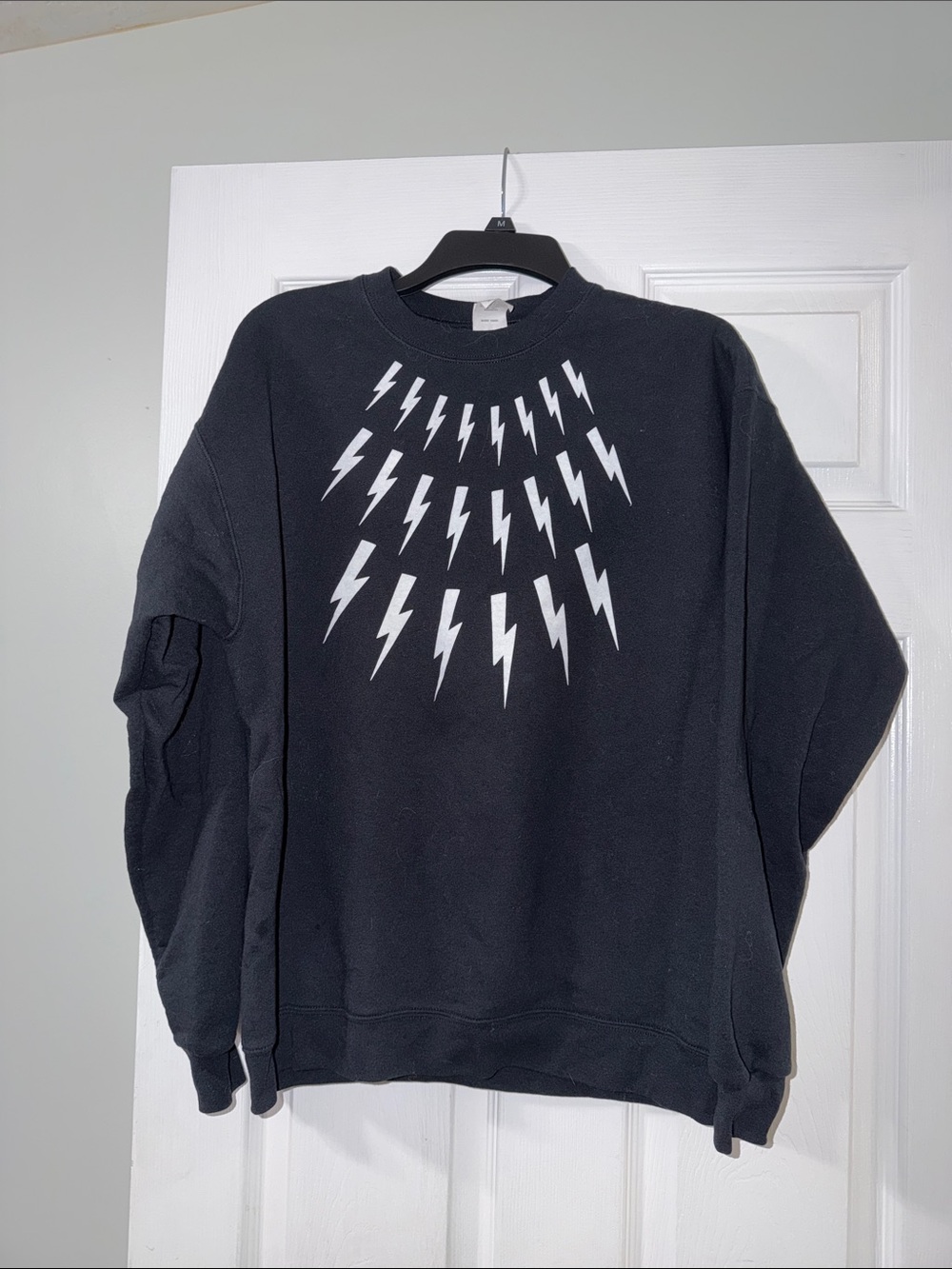 Hanes Black Crewneck Sweatshirt with White Lightning Bolt Pattern